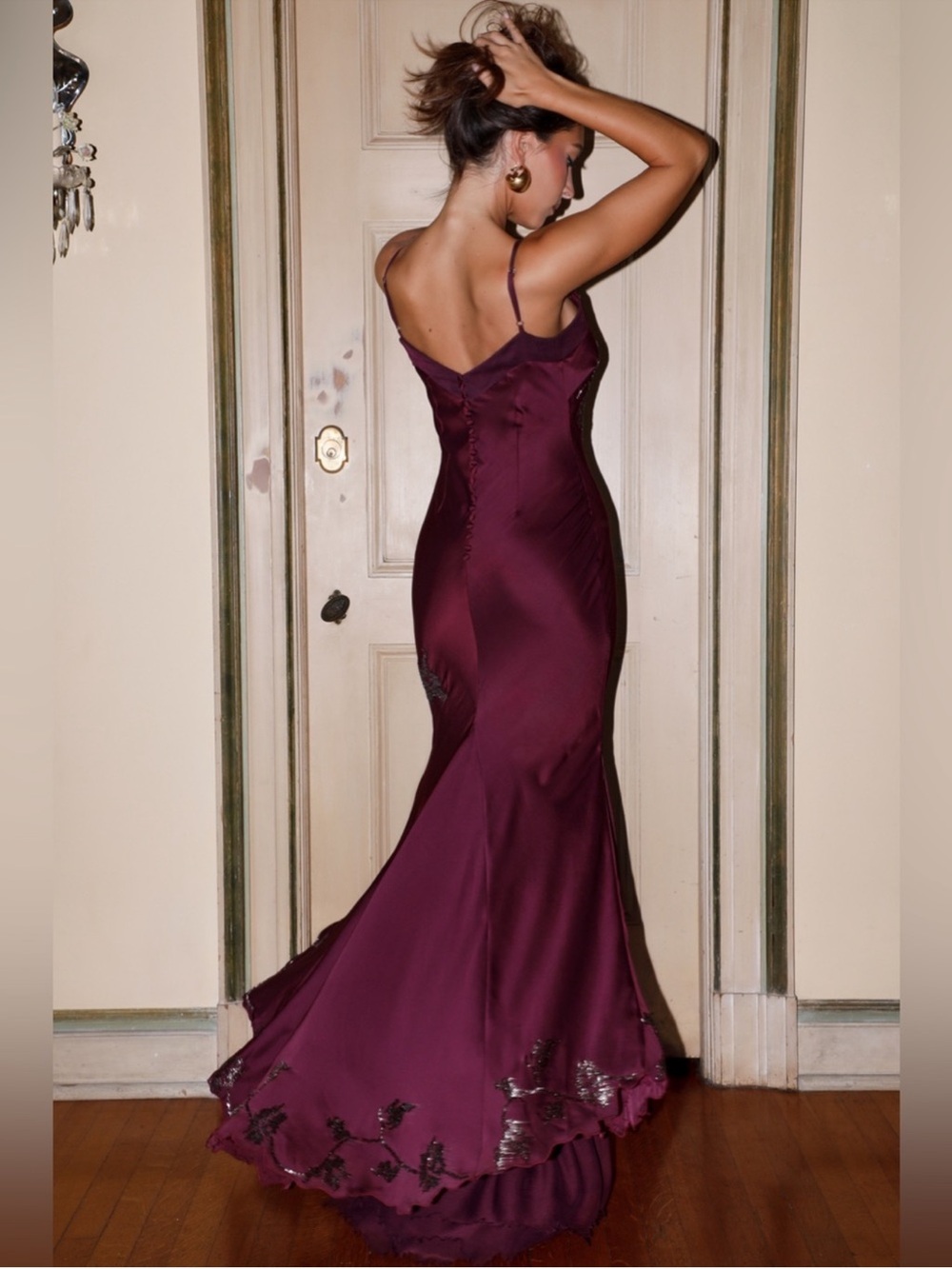 House of CB Anastelle Plum Hand Beaded Embellished Satin Maxi Dress size L - Picture 10 of 12